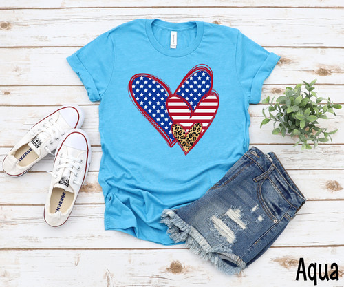 Trio Heart Patriotic Stars Stripes Leopard Tee