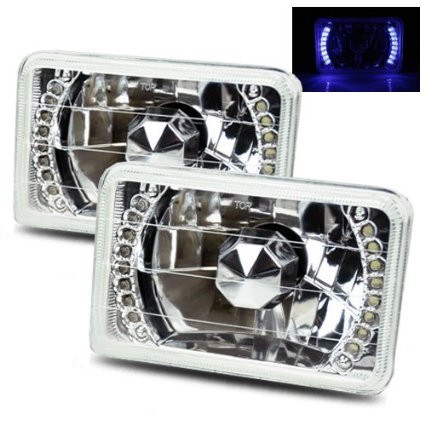 Set of 4x6 H4651/H4652/H4656/H4666 Blue LED Ring Chrome Crystal Square Headlights Conversion - Pair