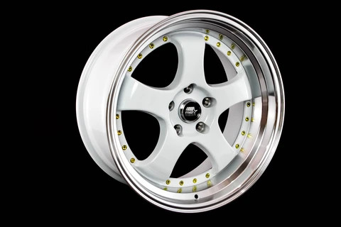 MT07 18x8.5 5x114.3 Offset +20 White w/ Machine Lip Gold Rivets