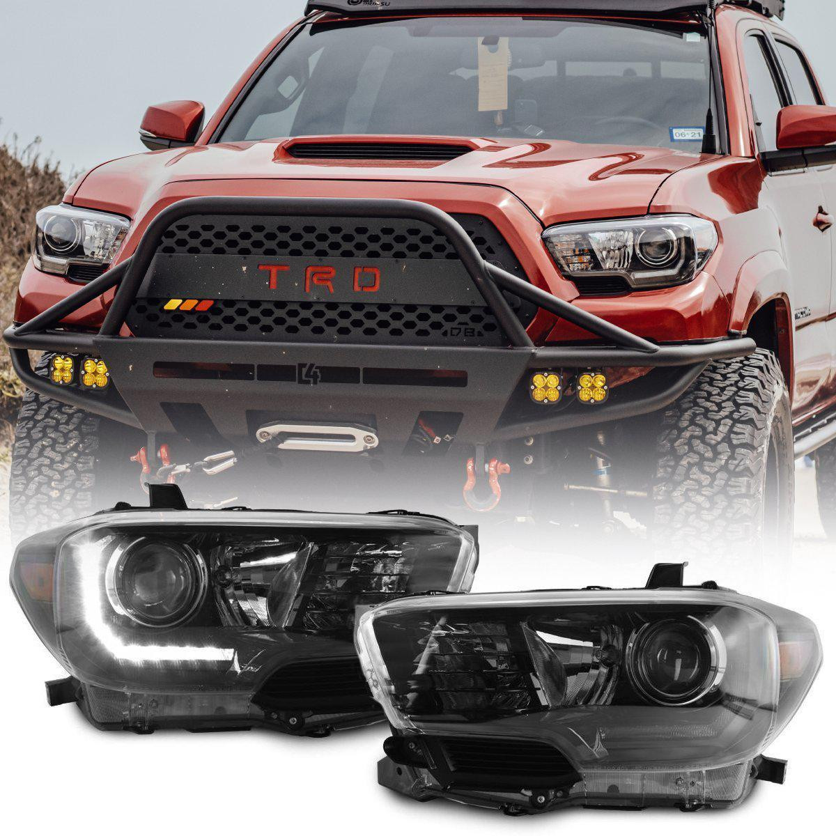 2016-2021 Toyota Tacoma LED DRL TRD Pro Style DEPO Black Projector Headlights Without factory LED DRL models