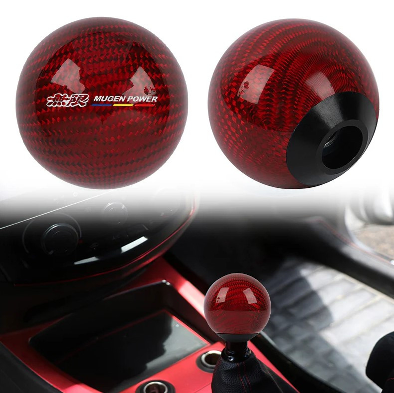 Universal Mugen Car Gear Shift Knob Round Ball Shape Red Real Carbon Fiber M8 M10 M12