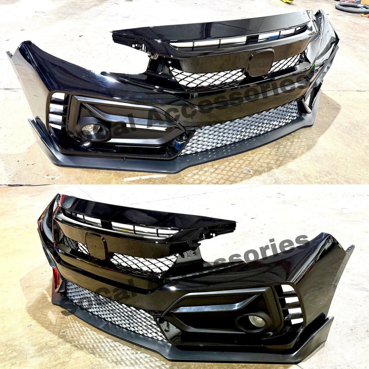16-21 Honda Civic Type R Style Front Bumper Pearl Black with Grill New Style Caps 