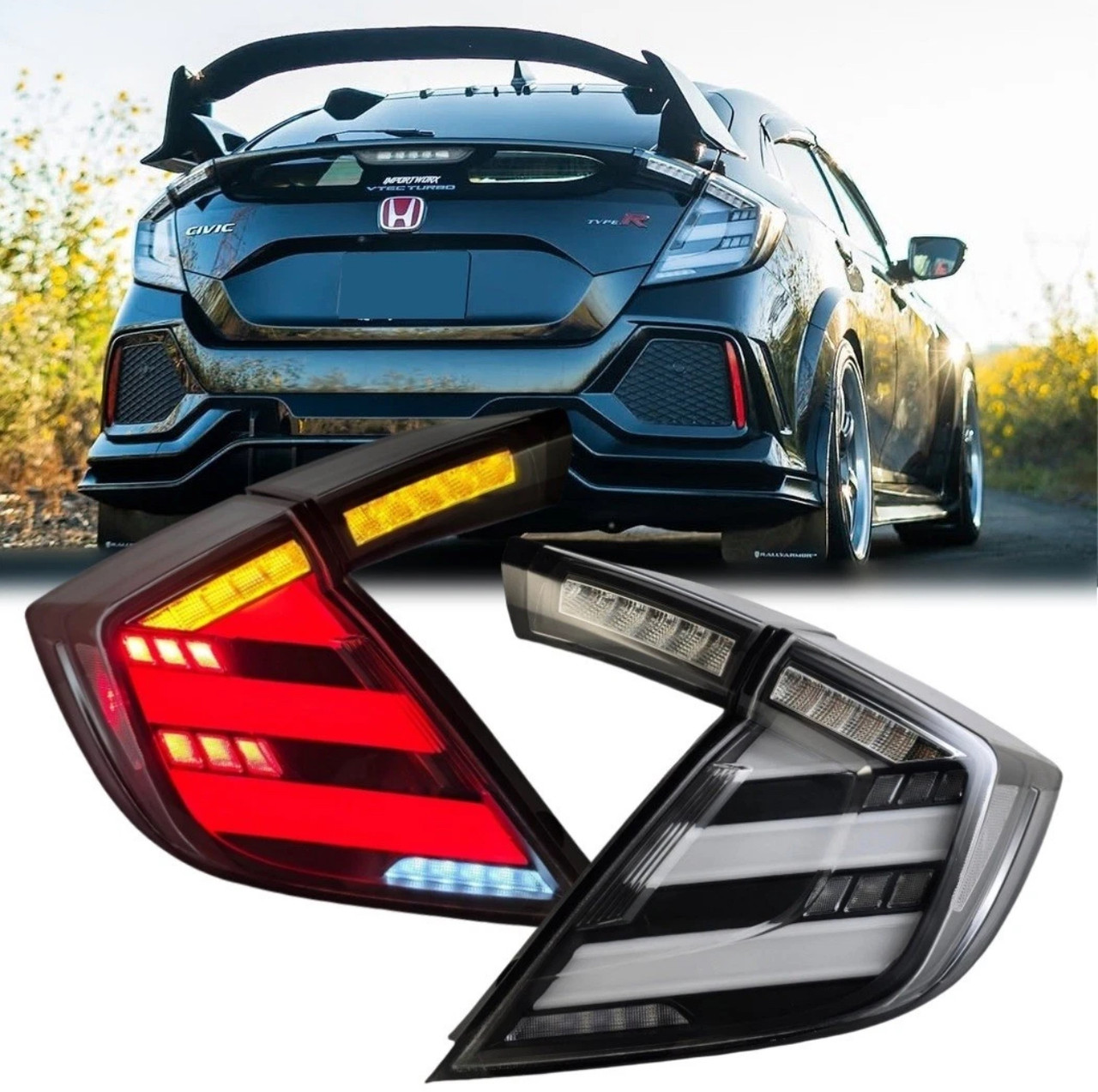 2017-2021 Honda Civic Hatchback Mugen Style LED Tail Lights w/ Sequential Turn Signal Clear Lens/ White 