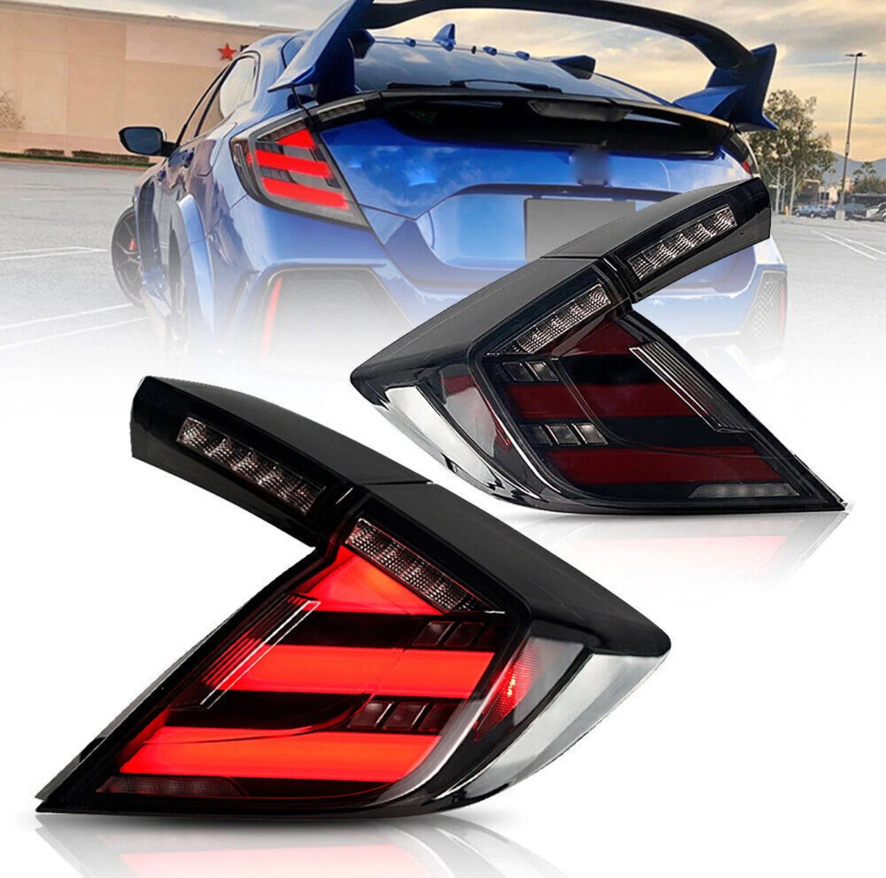 2017-2021 Honda Civic Hatchback Mugen Style LED Tail Lights w/ Sequential Turn Signal Smoked Lens / Red