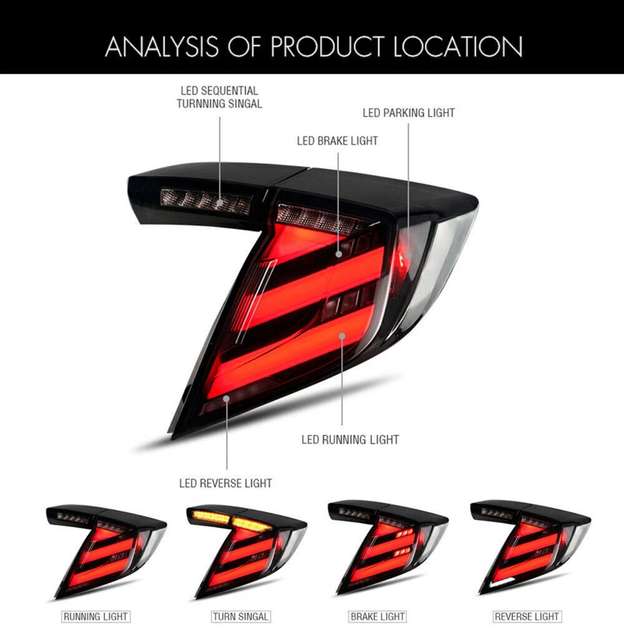 2017-2021 Honda Civic Hatchback Mugen Style LED Tail Lights w/ Sequential Turn Signal Smoked Lens / Red