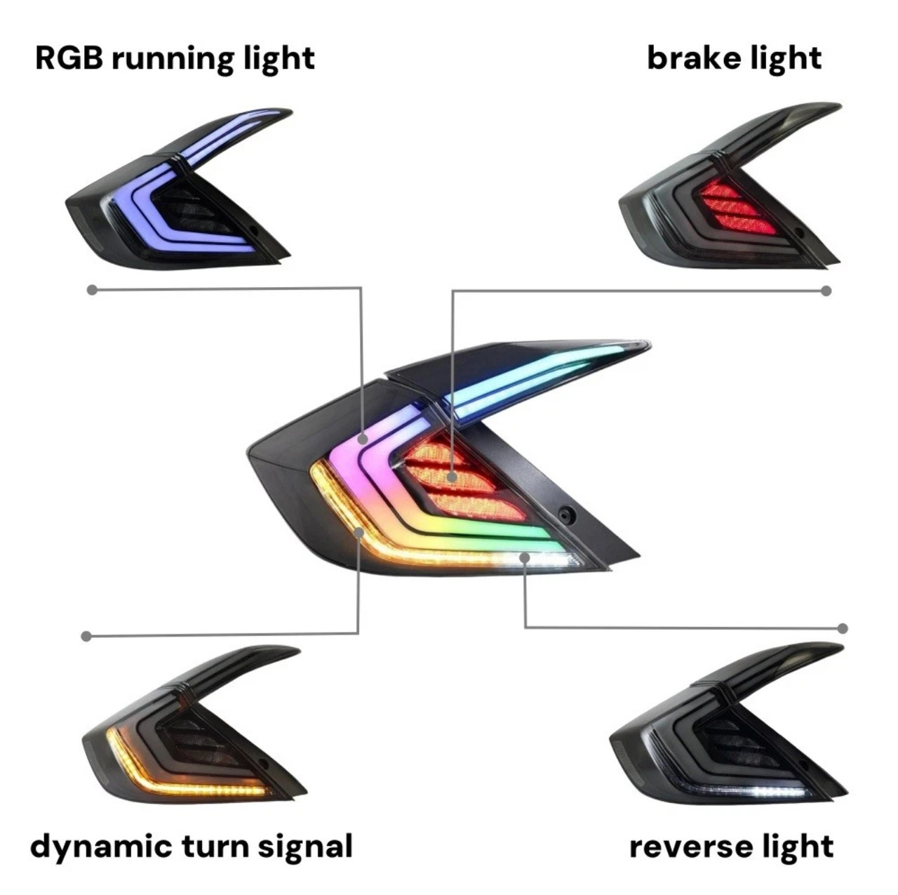 2016-2021 Civic 4Dr Sedan RGB Smoked Lens Tail Lights 4pcs