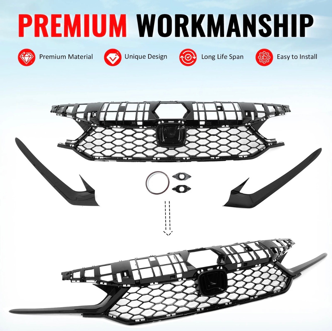 25-26 Honda Civic Type R Style Front Bumper Upper Grille ABS Gloss Black