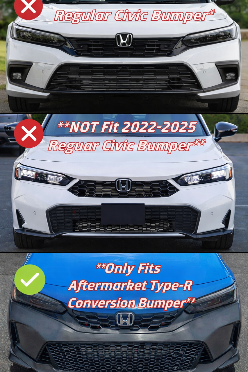 V2 Gloss Black Front Lip Splitter For 22-26 Honda Civic Type-R Conversion Bumper
