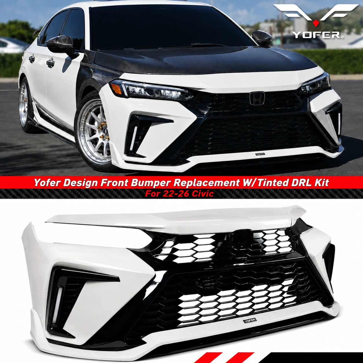 Yofer Design Front Bumper Full Replacement Kit With Tinted Sequential Switch-Back DRL [2022-2026 Honda Civic]