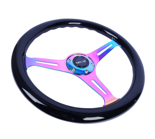 NRG Steering Wheel Black Classic Wood Grain 3 Spoke Neochrome Center