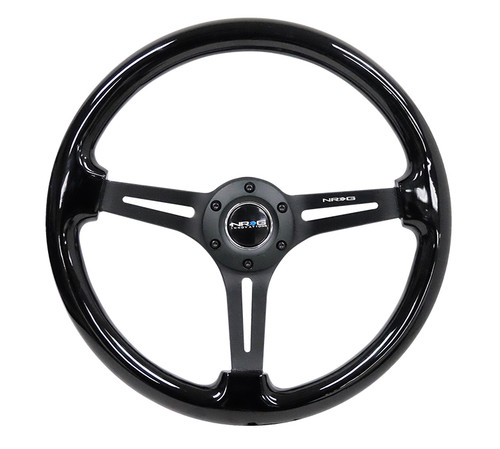 NRG Steering Wheel Black Wood Grain Black Spokes 350mm 3" Deep Dish
