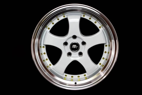 MT07 18x8.5 5x114.3 Offset +20 White w/ Machine Lip Gold Rivets
