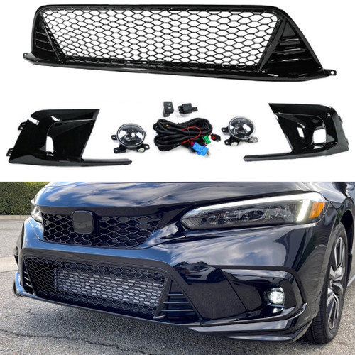 2022-24 Honda Civic Fog Light Kit Gloss Black Lower Grill and Fog Caps 
