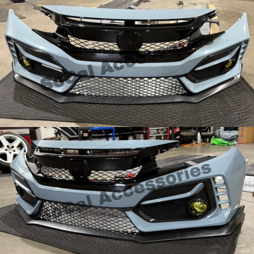 16-21 Honda Civic Type R Style Front Bumper Sonic Gray Pearl with Grill New Style Caps