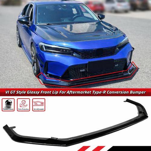 V1 GT Style Gloss Black Front Lip For 22-26 Honda Civic Type-R Conversion Bumper