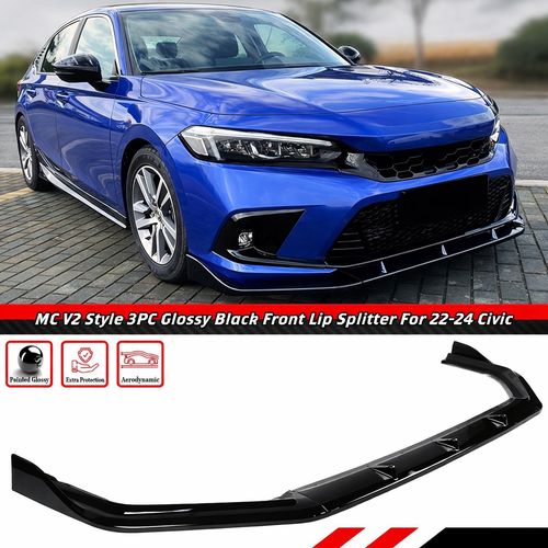 22-24 Honda Civic 11th Gen MC V2 Style Gloss Black Front Bumper Lip Splitter