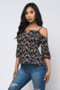 WB13-56716-T3654 BLACK FLOWER PRINT COLD SHOULDER 3/4 SLEEVE TOP  (2,2,2 - S,M,L)