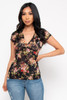 Wholesale ED16608 WINE FLOWERS PRINT WRAP V-NECK SHORT SLEEVE TOP