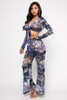 B-57433-D2003SET NAVY BLUE FLOWERS PRINT 2PCS SET (LONG SLEEVE TIE-KNOT CROP TOP AND ELASTIC WAIST PANTS)  (2,2,2 - S,M,L)