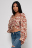 S-57551-A771 MOCHA FLOWERS AND LEAFS PRINT LONG SLEEVE CROP BLOUSE (2,2,2 - S,M,L)