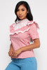 B-57853-4451 RED WHITE STRIPES SHORT SLEEVE ROUND RUFFLE NECK TOP  (2,2,2 - S,M,L)