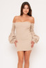 60228-SJ18202 NUDE MINI DRESS WITH OFF THE SHOULDER LONG SLEEVES AND RIBB TEXTURE (2,2,2 - S,M,L)