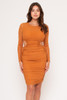 60250-IBD15108 MOCHA LOGN SLEEVE CINCHED DRESS WITH MESH ACCENT AND SIDE OPENING  (3,2,1 - S,M,L)