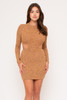 60256-BD10200 MUSTARD LONG SLEEVE SEXY MINI DRESS WITH RIBB TEXTURE AND WAIST CUT OUT  (3,2,1 - S,M,L)