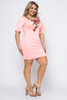 R1-A-55711-2679D SALMON 1/2 SLEEVE PLUS SIZE MIDI DRESS WHIT FLOWERS IN THE FRONT (2,2,2, - 1XL,2XL,3XL)