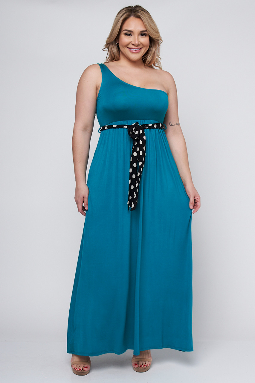 Wholesale Teal One Shoulder Maxi Dress With Black White Polka Dots Tie Belt  ETD-514