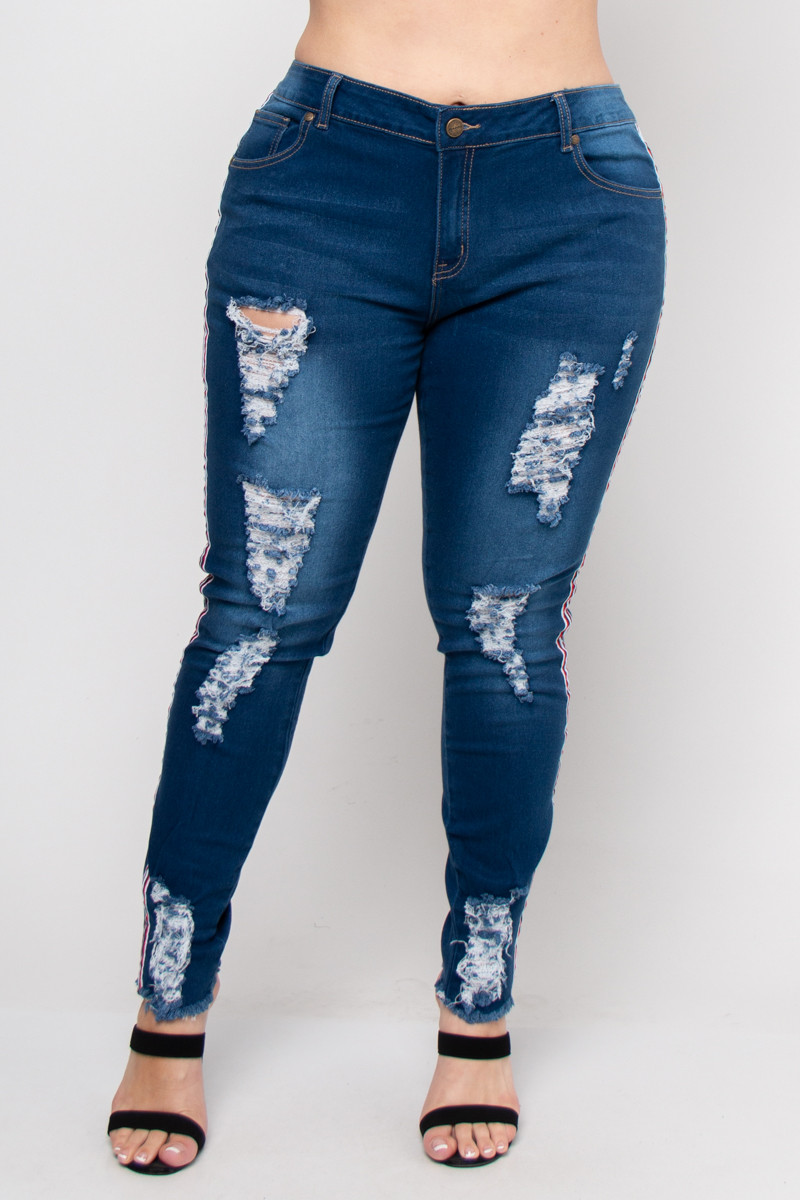SIDE STRIPE MID RISE RIPPED PLUS SIZE 
