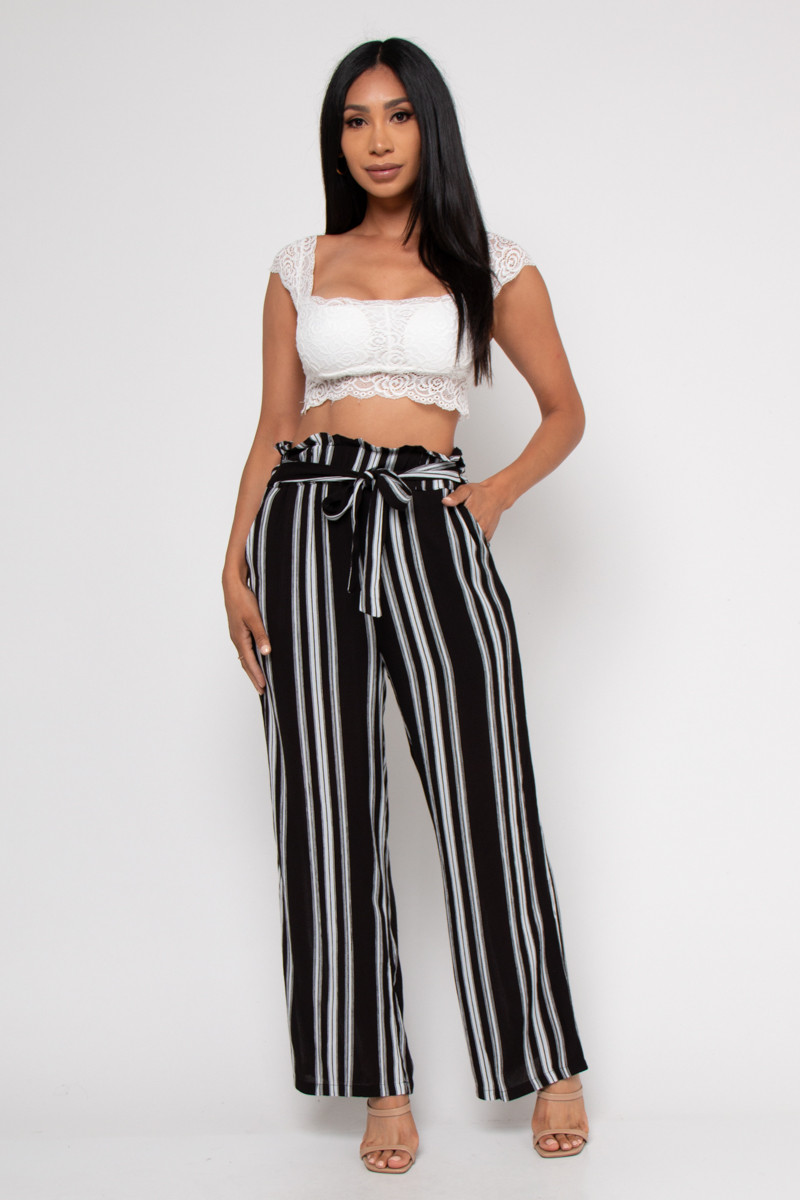 Black White Stripes Elastic Waist Pants 