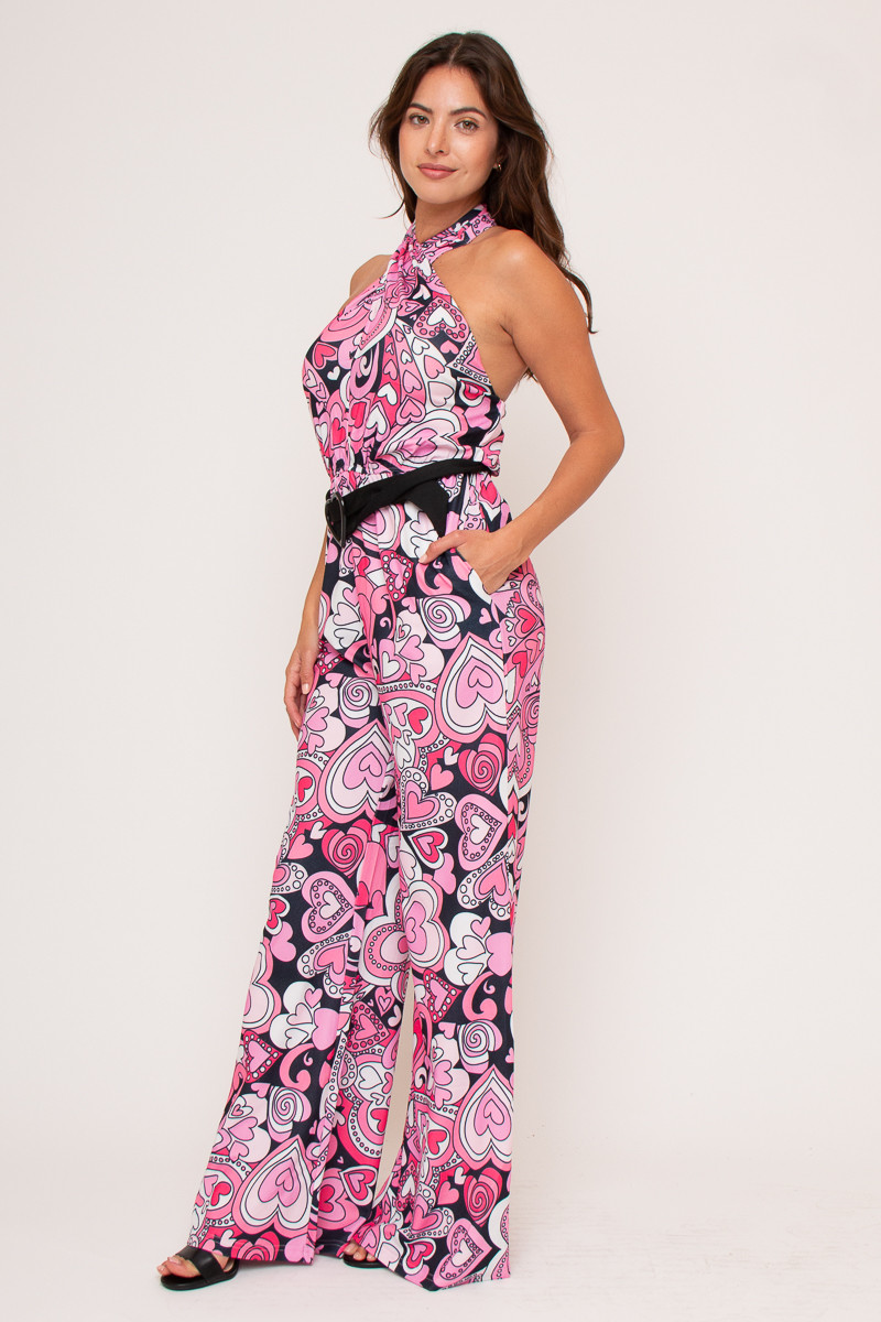 Wholesale Pink Hearts Printed Jumpsuit With Halter Neckline And Belt
