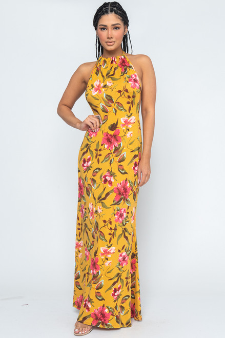 Wholesale D40716 FUSHIA FLOWERS PRINT HALTER MAXI DRESS