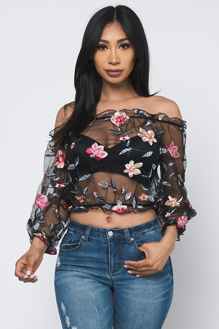 Wholesale Black Mesh Embroidered 