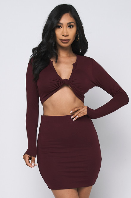 R-56682-ST1013 WINE SOLID WOMENS 2PCS SET (LONG SLEEVE CROP TOP AND MINI SKIRT ) (2,2,2 - S,M,L)