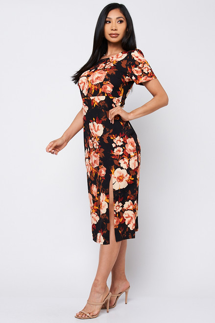 WC3-56772-A-PSC8265 BLACK FLOWERS PRINT ROUND NECK SHORT SLEEVE MIDI ...