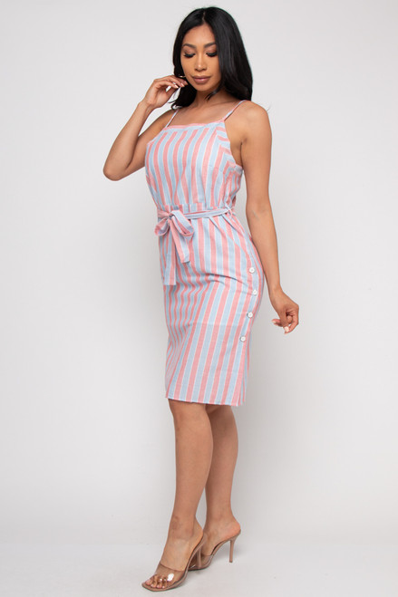 V-56862-MD1807 SKY BLUE CORAL VERTICAL STRIPES SPAGHETTI STRAP MIDI DRESS WITH TIE BELT AND BUTTONS DETAILS ON ONE SIDE  (2,2,2 - S,M,L)
