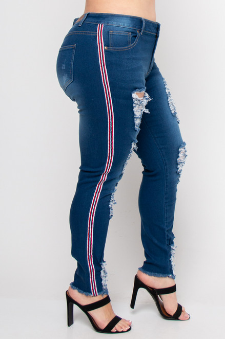 SIDE STRIPE MID RISE RIPPED PLUS SIZE 
