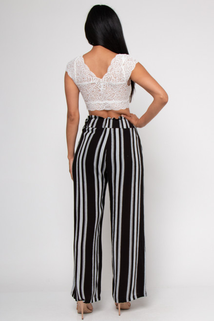 Black White Stripes Elastic Waist Pants 