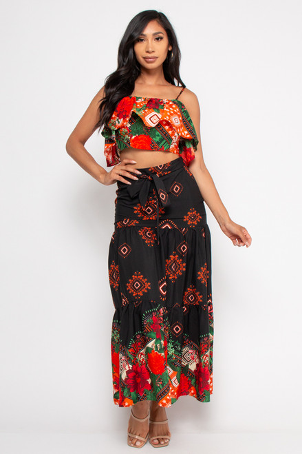Wholesale AST10794 MULTYCOLORS RED FLOWERS PRINT 2PCS SET (SPAGHETTI STRAP RUFFLE OFF SHOULDER CROP TOP ANS RUFFLE TRIM MAXI SKIRT