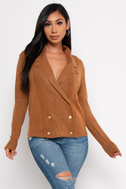 Wholesale NW0548 MOCHA FRONT  BUTTONS LONG SLEEVE WRAP SWEATER