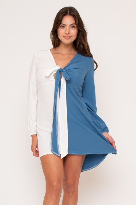 60226-1833 WHITE/BLUE COLOR BLOCK FLARE DRESS WITH LONG SLEEVES (2,2,2,2 - S,M,L,XL)