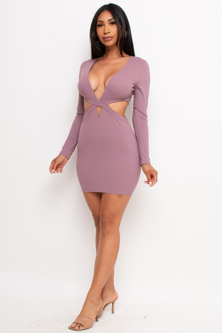 V-60325-IBD15700 MAUVE SEXY MINI DRESS WITH LONG SLEEVES (S,M,L-2,2,2)