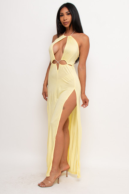 V-60332-JD9232 YELLOW MAXI LENGTH DRESS WITH SIDES SLITS