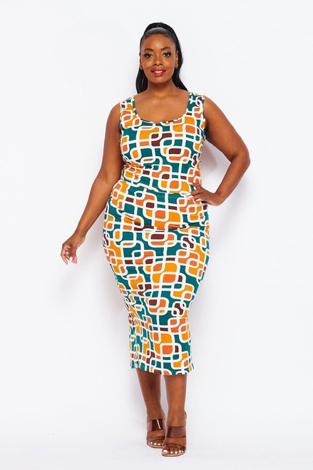 60349-137-SKX ORANGE GREEN 2 PC MIDI SKIRT AND TOP (2,2,2 - 1XL,2XL,3XL)