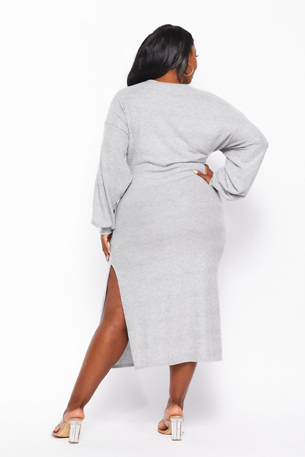 60355-193X GREY LONG SLEEVE DRESS W/FRONT TIE (2,2,2 - 1XL,2XL,3XL)