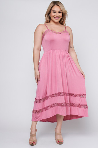 Wholesale Pink Spaghetti Strap Plus Size Midi Dress With Lace Flowers ...
