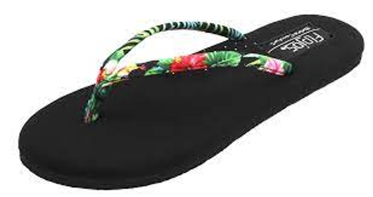 Flojos Women's Flip Flop - Fiesta 2.0 - Black Hibiscus - Surf and Dirt