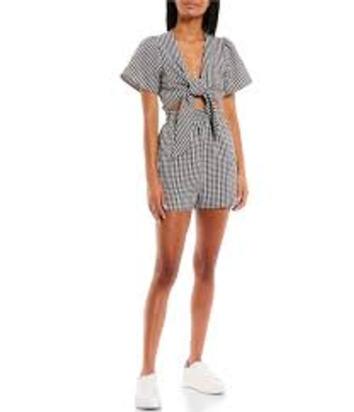 Hurley - Gingham Front Tie Romper - Black